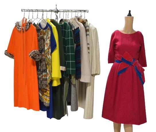 A Large Collection of 1950/60/70 Ladies Garments: A Large Collection of 1950/60/70 Ladies Garments to include a blue knit Betty Lane bow front dress, metal zip closure at back, 34" bust, 28" waist, a banded paisley and floral knit Point of View blous