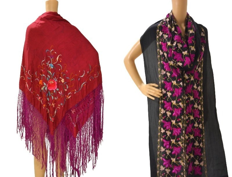 A Silk Floral Embroidered Piano Shawl: A Silk floral embroidered piano shawl, about 63" square not including fringe, (add about 15"), spot stains, discoloration, pin holes, generally strong fabric otherwise, along with a black silk floral