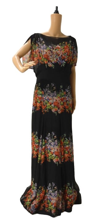1930/1940 Black Floral Silk Chiffon Dress (1 of 6)