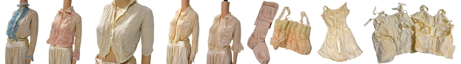 A Collection of 19th and 20th C Undergarments: A Collection of 19th and 20th C Undergarments to include (2) split crotch one piece pantaloons, damages to shoulders, heavily worn, lace trimmed cuffs, lavender silk knit stockings, embroidered and la