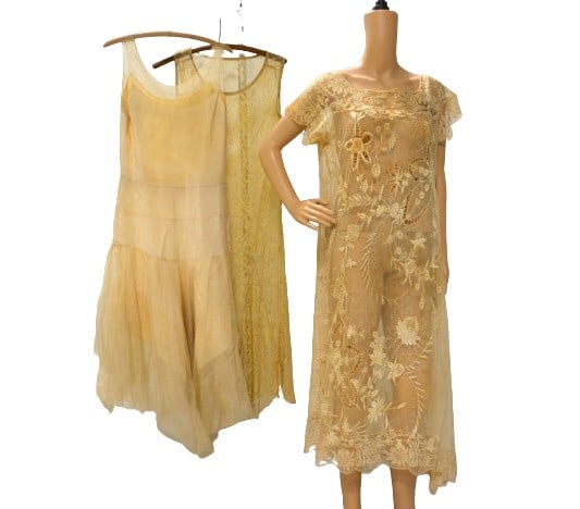 (3) Early 20th C Dresses: (3) Early 20th C dresses to include a lace shift with paneled skirt, a dropped singled loop for sash, fairly good condition for age, a lace and embroidered net lace shift, 40" bust, good condition, al