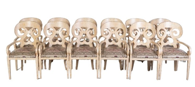 (12) Woodland scrolled back distressed painted dining chairs