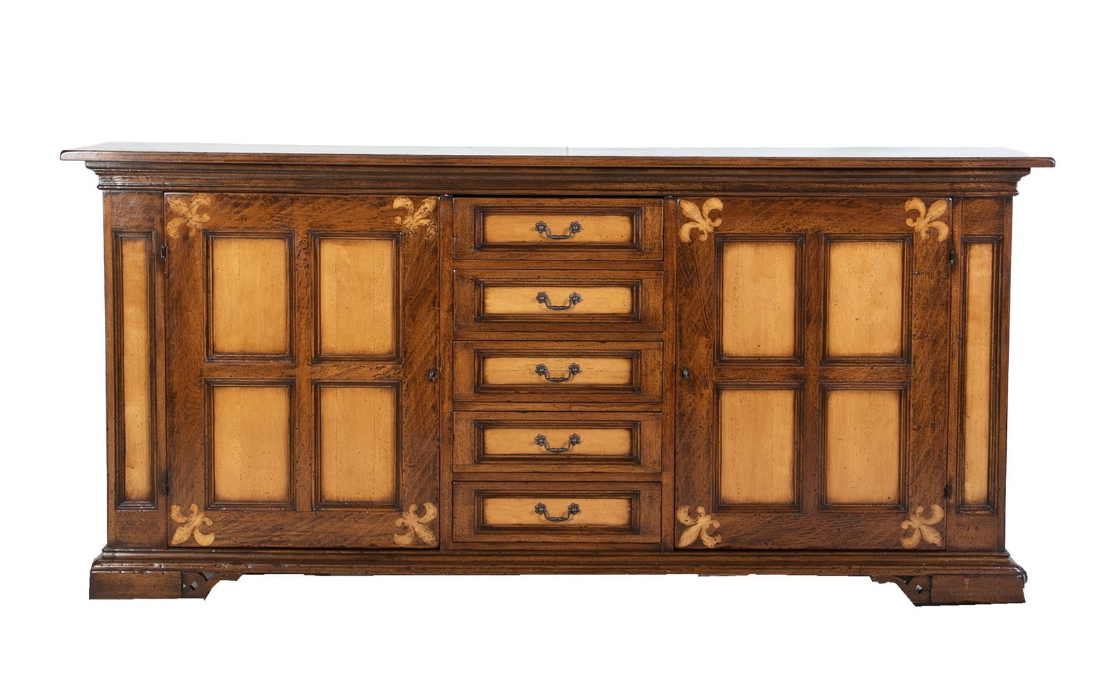 Gruppo Faber Italian style inlaid sideboard: Gruppo Faber Italian style inlaid sideboard, 5 drawers at center flanked by two paneled doors, inlaid flur de lis at corners, 42"h x 91"w x 27"d