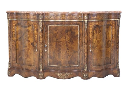 Italian style inlaid burled marbletop serpentine sideboard