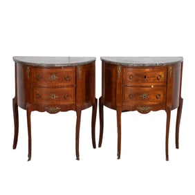 Pair French style inlaid marbletop side tables