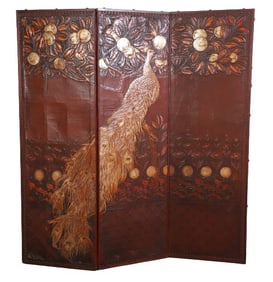 Jugendstil silver and gilt tooled embossed leather (3) panel room divider