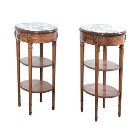 Pair Louis XVI style inlaid tiered marbletop stands
