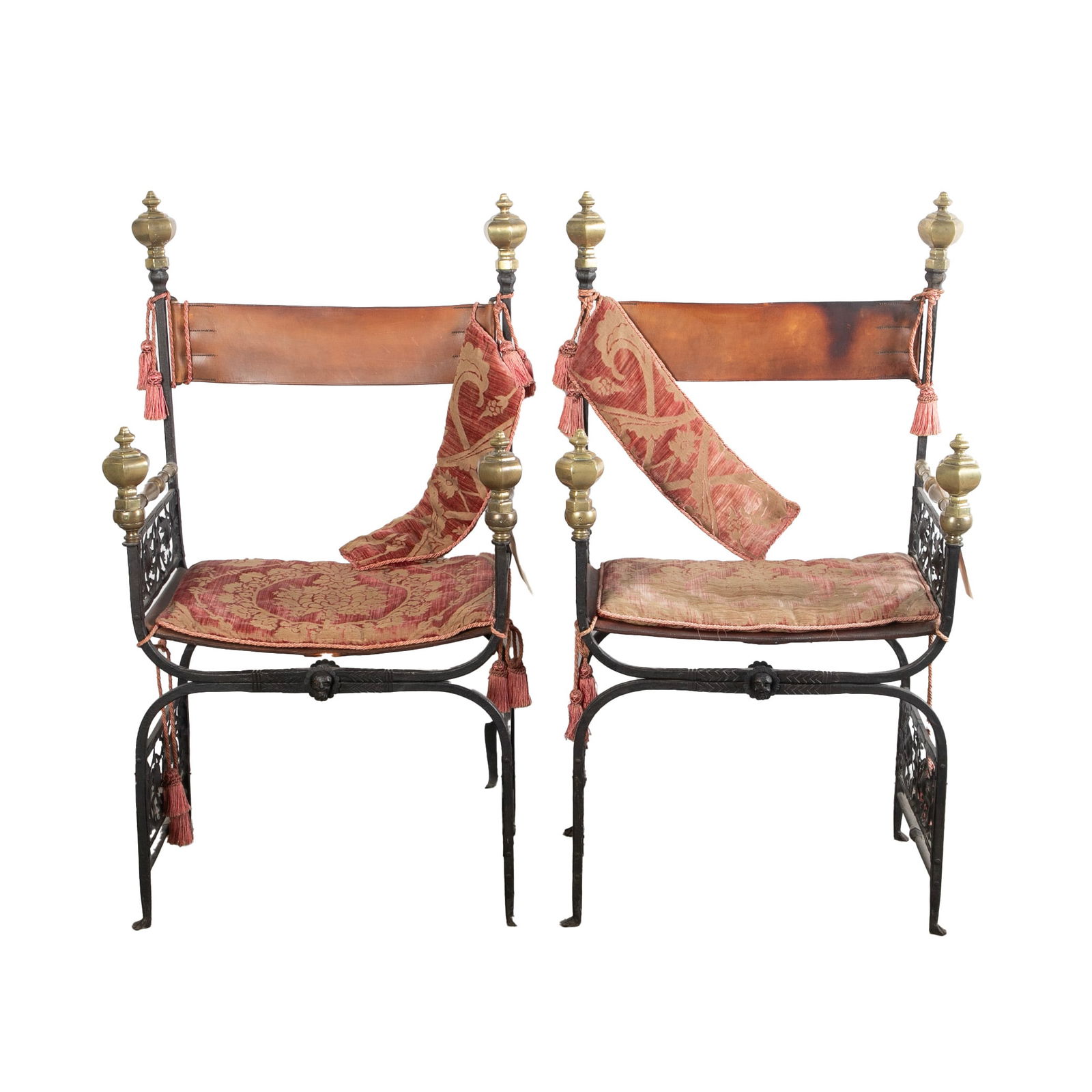 Pair gilt metal and iron leather cerule chairs (1 of 5)