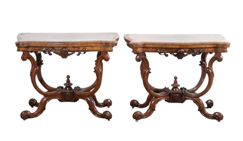 Pair Circassian burl walnut carved game tables