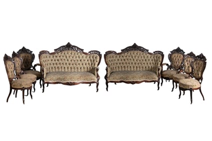 (8) pc J & JW Meeks Stanton Hall carved parlor set