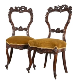 Pair Victorian carved balloon back side chairs