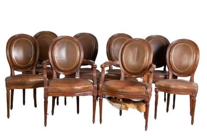 (8) Louis XVI style carved walnut and leather dining chairs