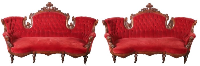 Pair Victorian carved figural sofas