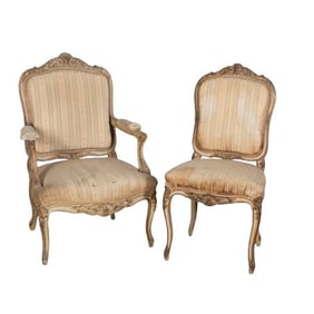 Pair Louis XV style carved distressed painted chairs