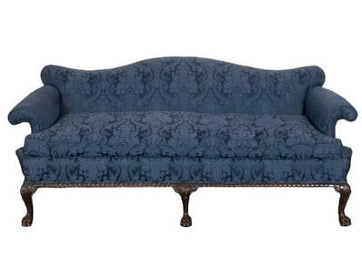 Chippendale style upholstered camelback sofa