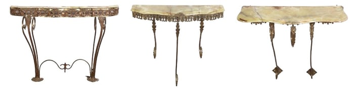 Lot of (3) French metal and marble wall consoles