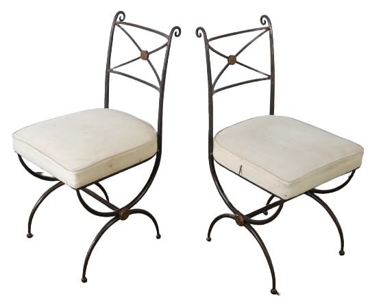 Pair Iron cerule side chairs: Pair Iron cerule side chairs, scrolled x-base backs with center gilt decoration, upholstered seats, 33-1/2"h x 16"w x 17"d