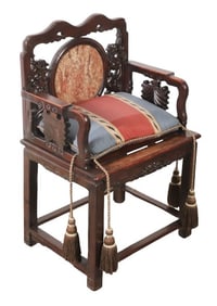 Chinese carved elmwood and marble armchair