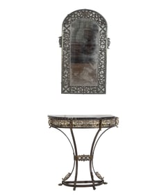 Gothic style pierced iron marbletop console and mirror
