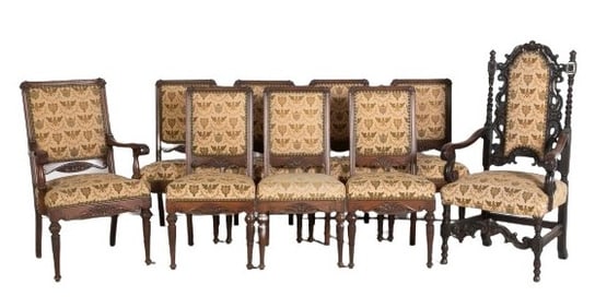 (9) French style carved oak dining chairs