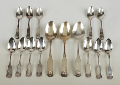 (15) Pieces of coin silver flatware with shell handles