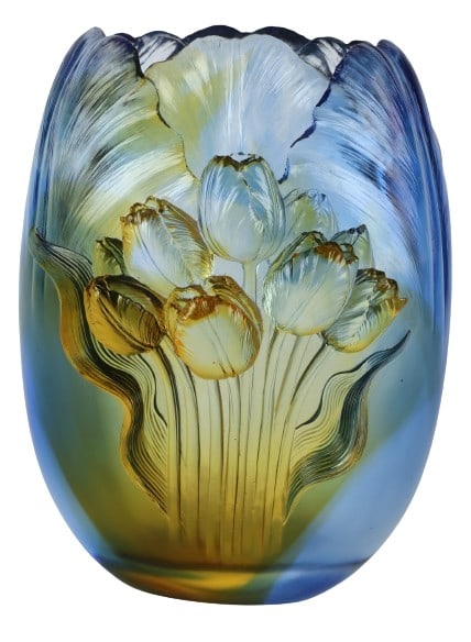 Tittot Chinese Crystal 'Luxurious Stance' Vase: Tittot Chinese Crystal 'Luxurious Stance' Vase, in blue and golden amber, the vase in petal form with a stylized central bouquet at front, signed at undeside, #539, 2005, 9 7/8"H x 6 1/2"W x 5"D, in o