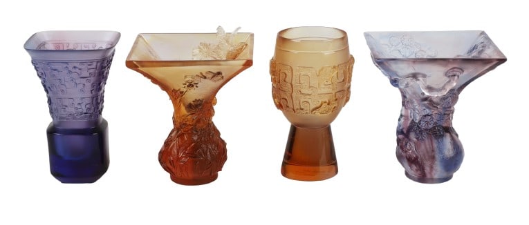(4) Chinese Crystal Cups: (4) Tittot Chinese Crystal Cups, each in varied geometric, floral and insect designs, (2) of which with a bulbous base and squared rim, 3 5/8"H, each signed New Workshop, 634/1800 and 683/1800, a foot