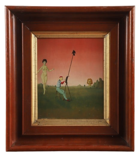 John Wilde Surrealist Painting "The Landscapist": John Wilde (American, 1919-2006) Wisconsin artist, Surrealist painting "The Landscapist", self portrait depicting the artist himself painting a landscape as a female nude walks behind him, oil on wood