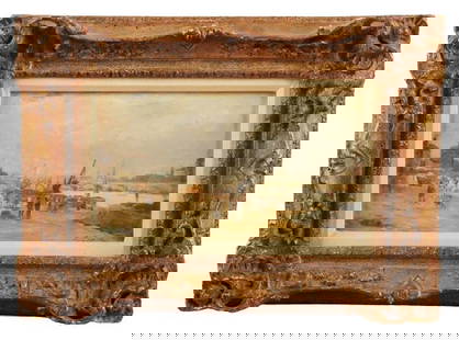 Stanislas Lepine "Construction of the Seine Embankment": Stanislas Lepine (French, 1835-1892) "Construction of the Seine Embankment", later retitled "Le Quai de Bercy", oil on wood panel signed "S. Lepine", inscribed on reverse "John Robertson collected by
