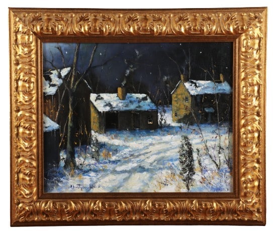 Christopher Willett "Farbotnik Farm, Solebury, PA'": Christopher Willett (American, b 1959) Bucks County, PA "Farbotnik, Solebury, PA" depicting a nocturnal winter landscape, oil on canvas panel, signed "Christopher Willett", 16" x 20", framed 22-1/2" x