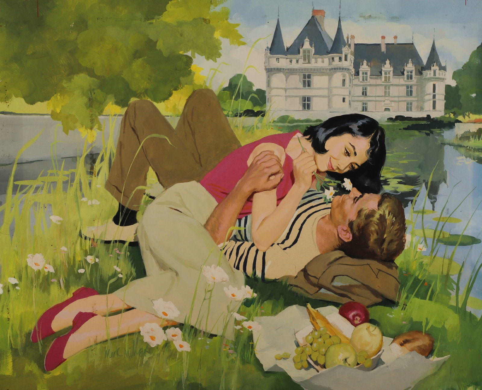 Mark Miller Romance Story Illustration: Mark Miller (American, 1919-2008) Romance story illustration depicting a young couple in a field of daisies by a mansion, note the subliminal arranging of the fruit, gouache on illustration board, sig
