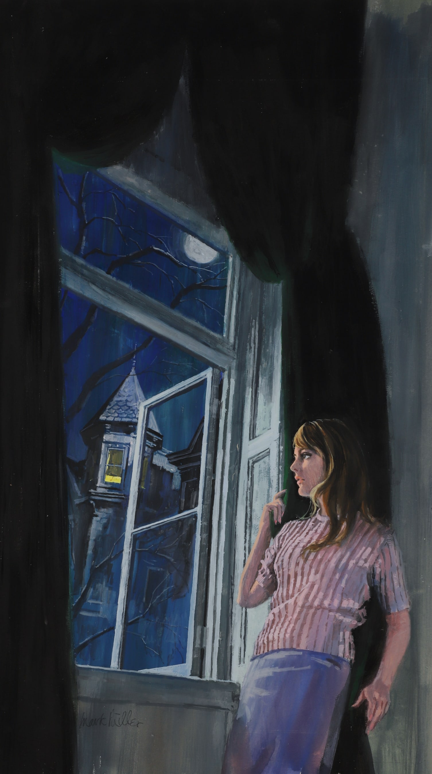 Mark Miller Gothic Romance Story Illustration: Mark Miller (American, 1919-2008) Gothic romance story illustration depicting a young woman by a window, possibly created for "Secret of Kensington Manor", oil on gouache on illustration board, signed