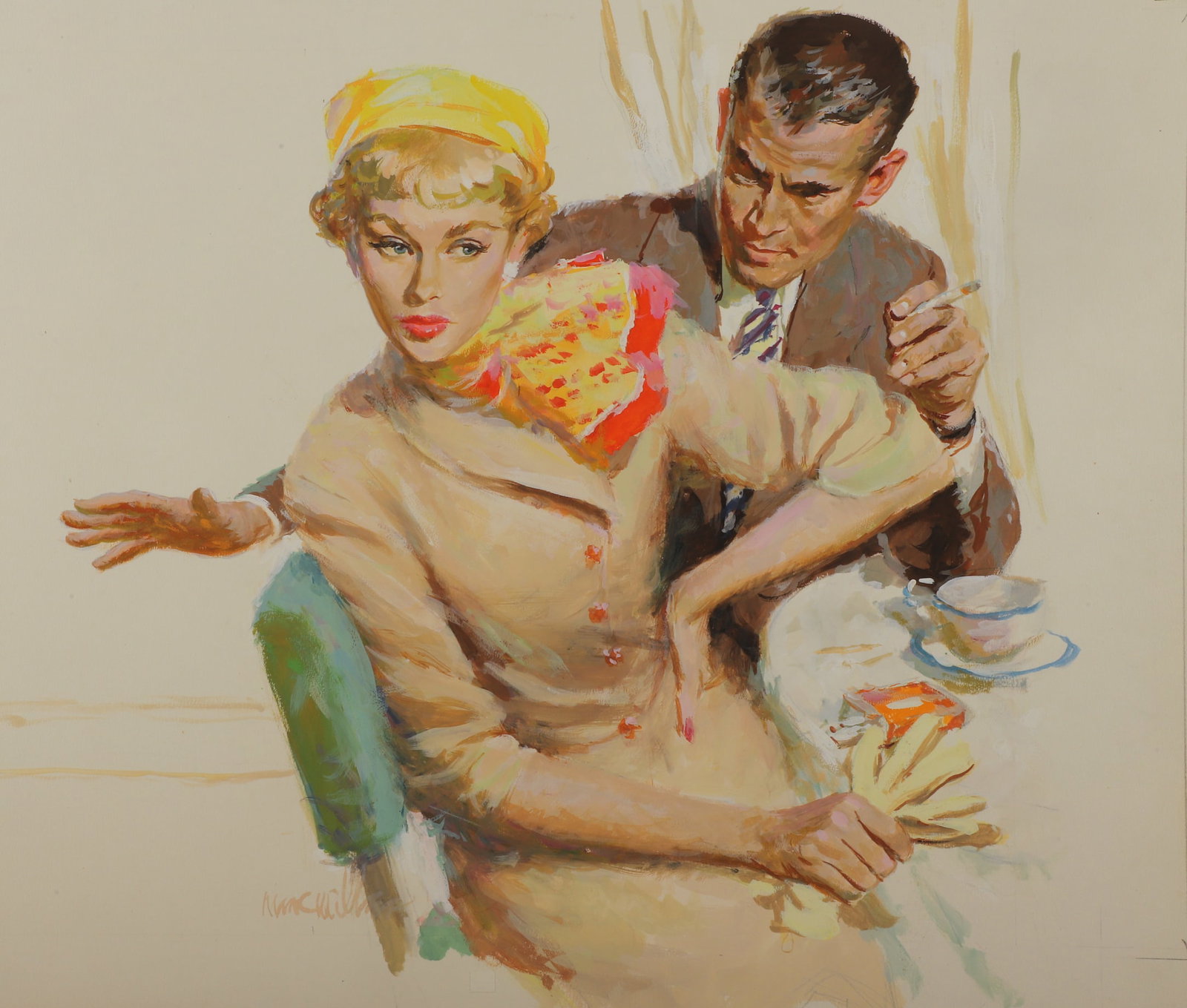 Mark Miller Romance Story Illustration: Mark Miller (American, 1919-2008) Romance story illustration depicting a young couple in a cafe having a disagreement, gouache on illustration board, signed "Mark Miller", 18" x 24-3/4' board, good co