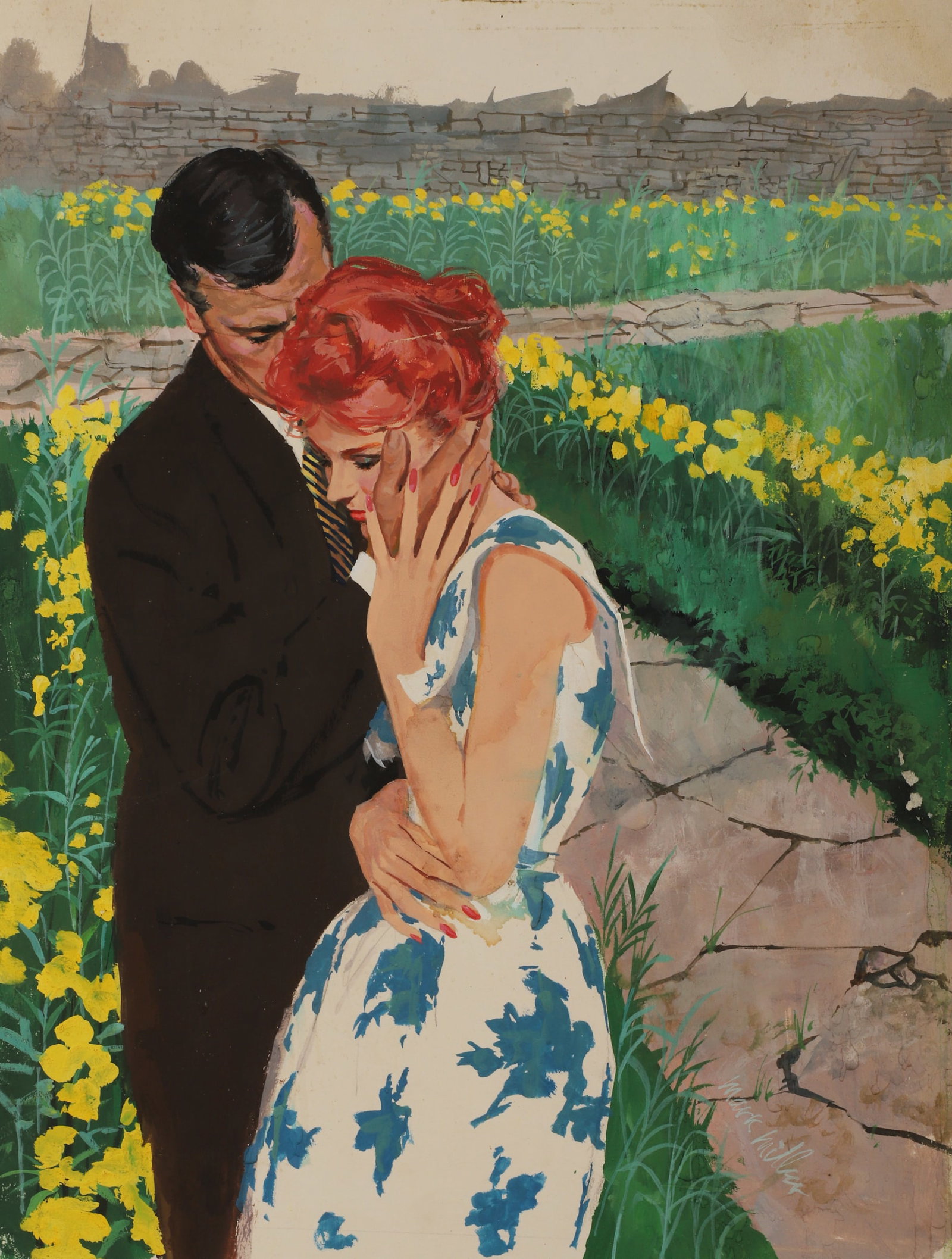 Mark Miller Romance Story Illustration: Mark Miller (American, 1919-2008) Romance story illustration depicting a young couple in a garden, gouache on illustration board, signed "Mark Miller", 19-5/8" x 19" board, good condition, water stain