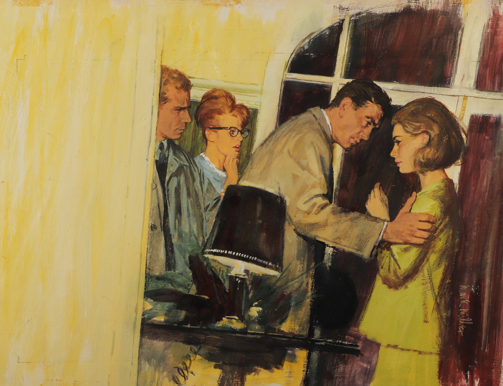 Mary Miller Mystery Illustration: Mark Miller (American, 1919-2008) Mystery illustration depicting a man consoling a young woman who appears to be in shock, gouache on board, signed "Mark Miller", Transworld Features stamp on reverse,