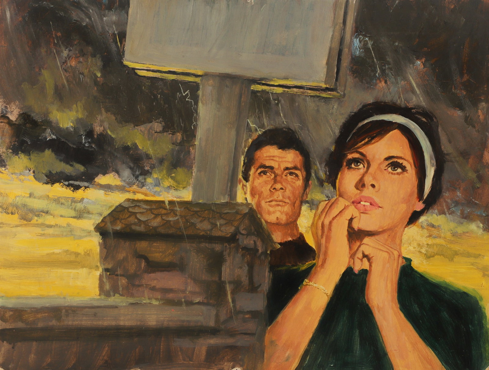 Mark Miller Gothic Romance Story Illustration: Mark Miller (American, 1919-2008) Gothic romance illustration depicting a young man and woman by a signpost in the rain, created for the story "Truant Bride", gouache on board, signed "Mark Miller" on
