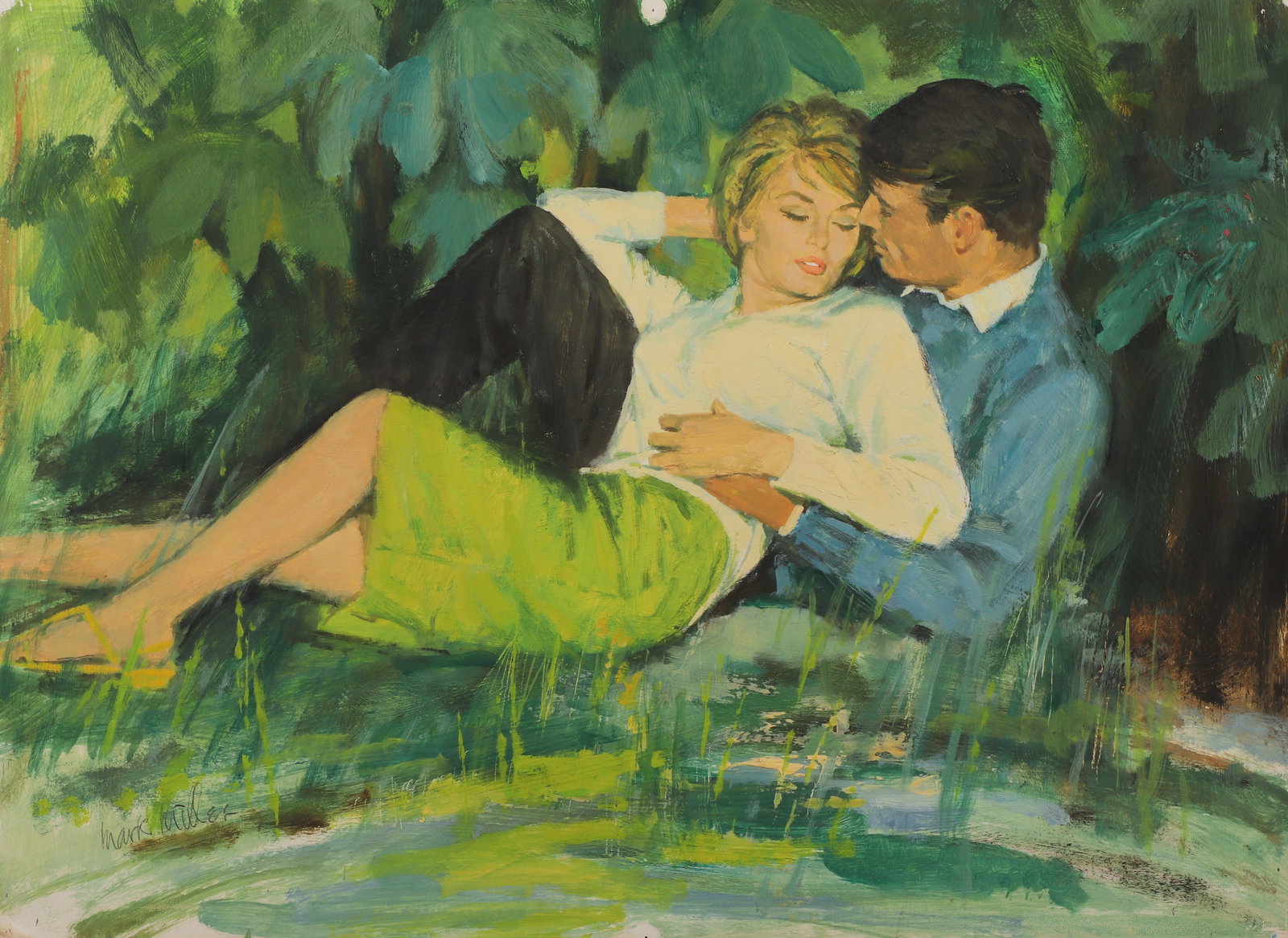 Mark Miller Romance Story Illustration: Mark Miller (American, 1919-2008) Romance story illustration depicting a young couple lying by a tree, gouache on board, signed "Mark Miller", 16" x 22" board, good condition; Mark Miller was a promin