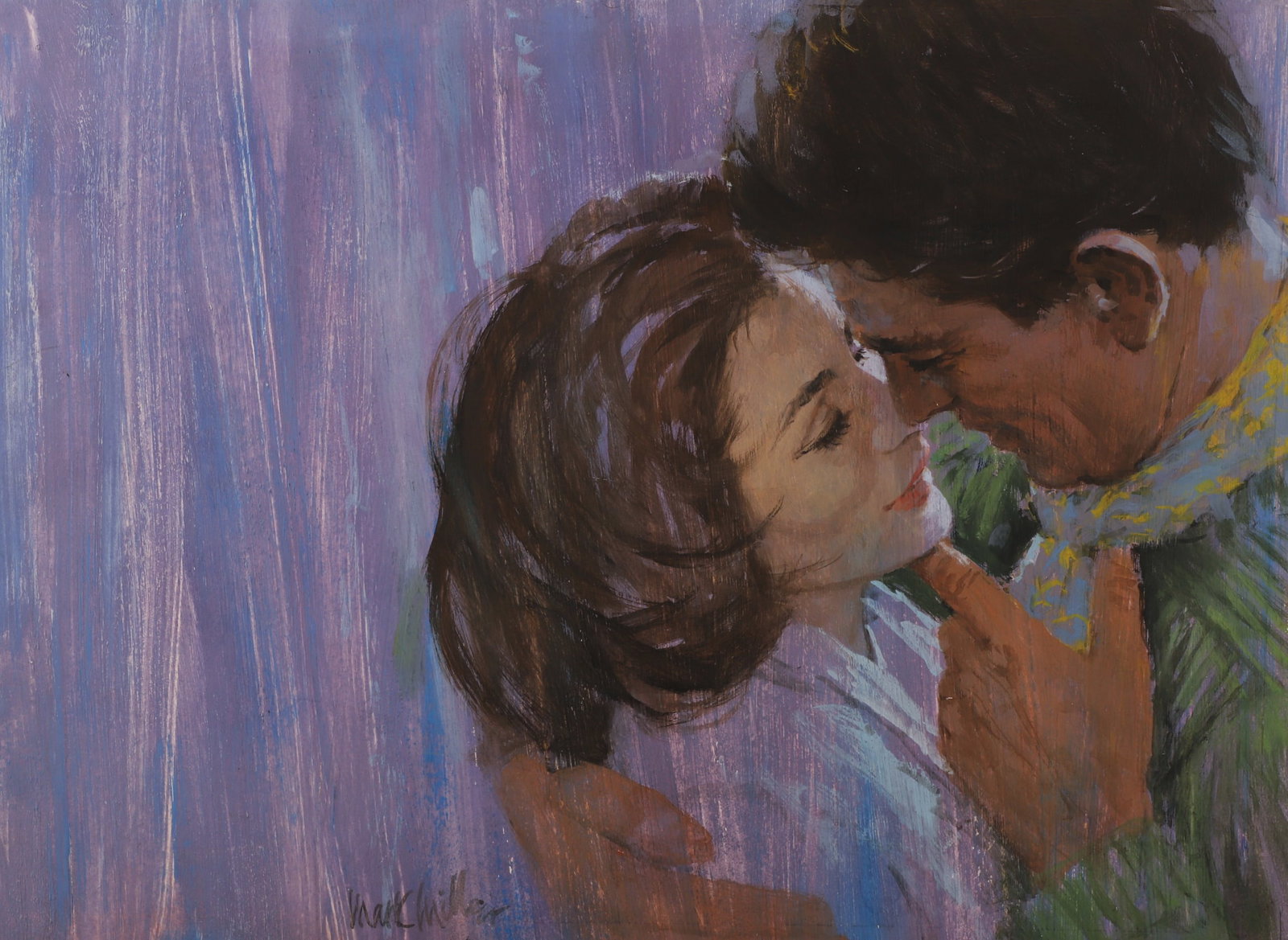 Mark Miller Romance Story Illustration: Mark Miller (American, 1919-2008) Romance story illustration depicting a young couple embracing against a purple background, gouache on board, signed "Mark Miller", 15" x 20" board, good condition; Ma