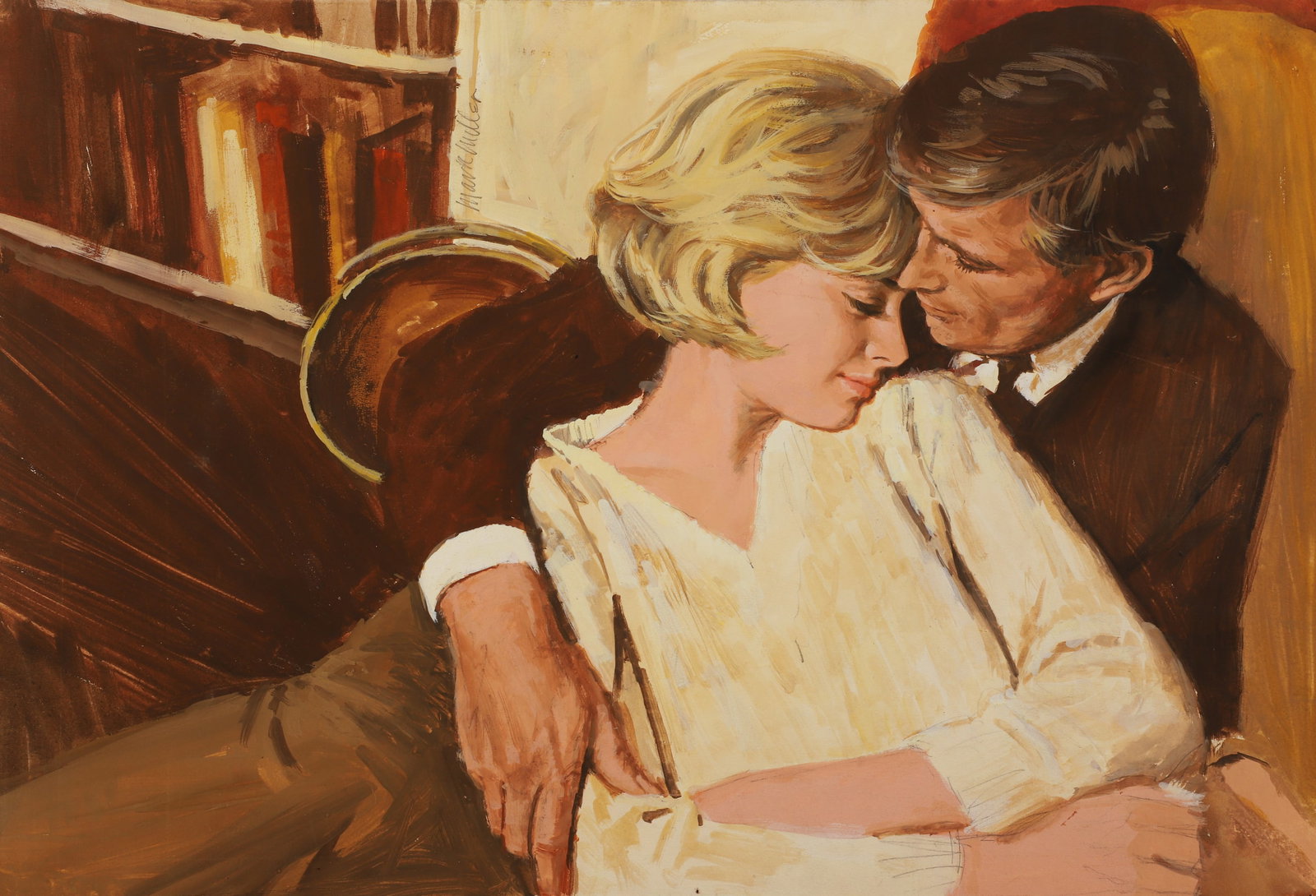 Mark Miller Romance Story Illustration: Mark Miller (American, 1919-2008) Romance story illustration depicting a young couple embracing, gouache on board, signed "Mark Miller", Transworld Features stamp on reverse, 15" x 22" board, good con
