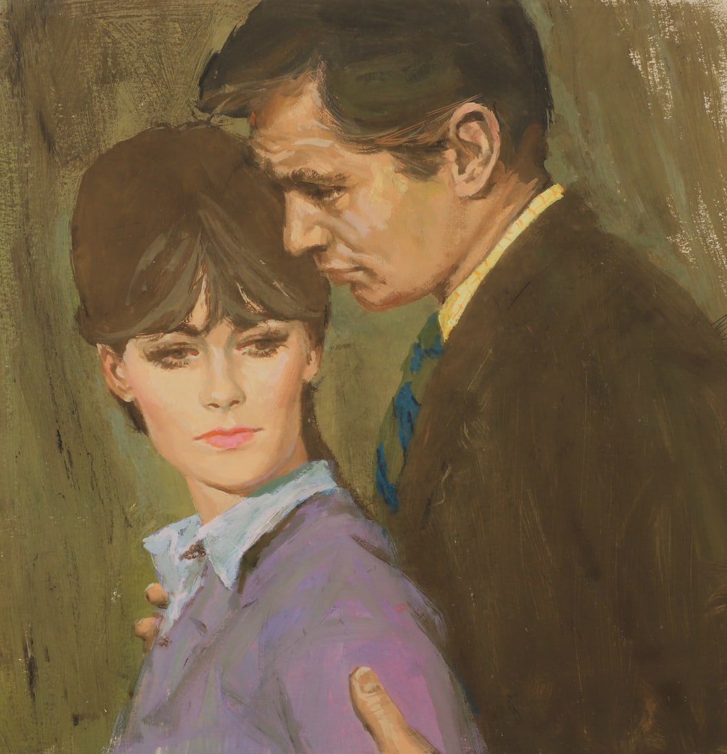 Mark Miller Romance Story Illustration: Mark Miller (American, 1919-2008) Romance story illustration depicting a young couple, gouache on board, signed "Mark Miller", 15" x 20" board, good condition; Mark Miller was a prominent and prolific