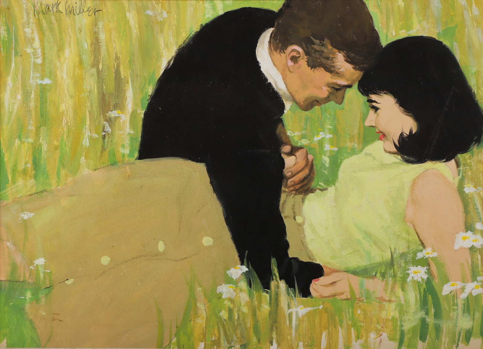 Mark Miller Romance Story Illustration: Mark Miller (American, 1919-2008) Romance story illustration depicting a young couple lying in a field of daisies, gouache on board, signed "Mark Miller", 15"x 20" board, good condition, mat adhered t