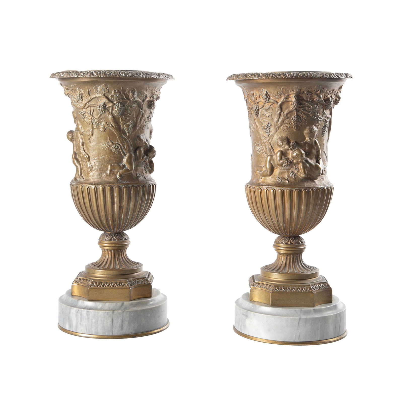 A Pair of Marble Raised Putti Relief Decorated Urns (1 of 6)