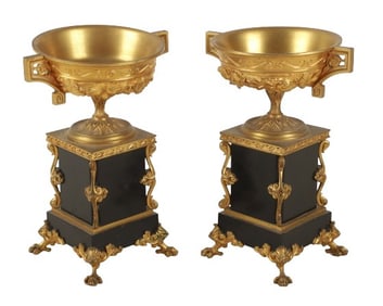 French Gilt Bronze Marble Raised Tazza Pair