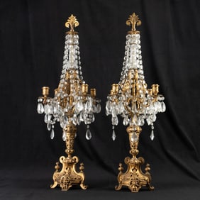 French Gilt Bronze & Crystal 4-Light Candelabra Pair