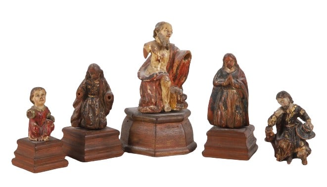 (5) Carved wood Continental figures: (5) Carved wood Continental figures, all with original paint, tallest 6-1/2" with stand, with losses, (3) with later wood stands