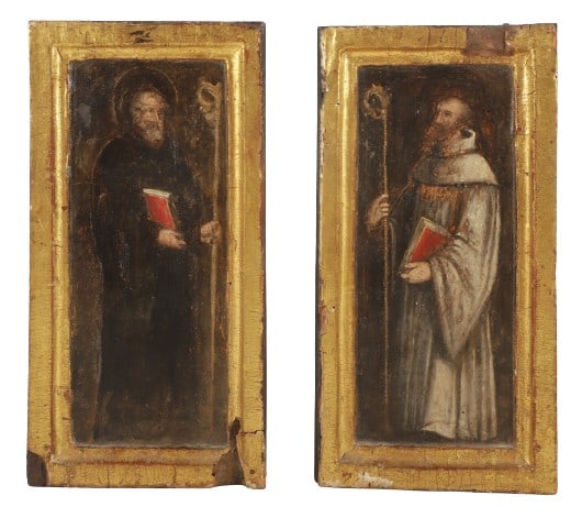 Pair of Continental paintings of saints on wood panel (1 of 6)