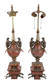 Neoclassical Style Gilt Bronze Red Marble Lamp Pair