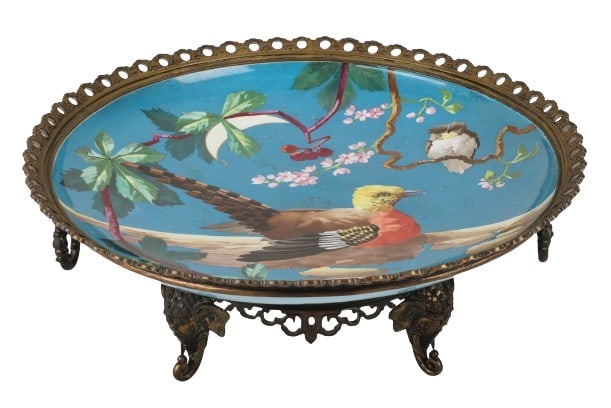 French Aesthetic Movement Charger in Stand: French Aesthetic Movement Charger in Stand, late 19th C porcelain charger decorated in faux cloisonne chinoiserie with gilt painted faux tiled ground, pheasant, branch and floral decoration, raised an