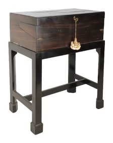 Brass bound portable writing desk on stand