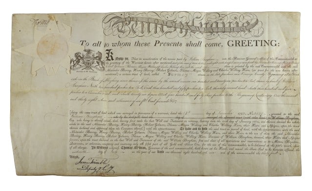 An 1806 Pa. land grant signed by Thomas McKean: A Pennsylvania land grant on parchment dated 7-16-1806, granting a property in Venango County named "Fermoy" to Alexander Baring & others, and signed as Pennsylvania governor by Founding Father and Si